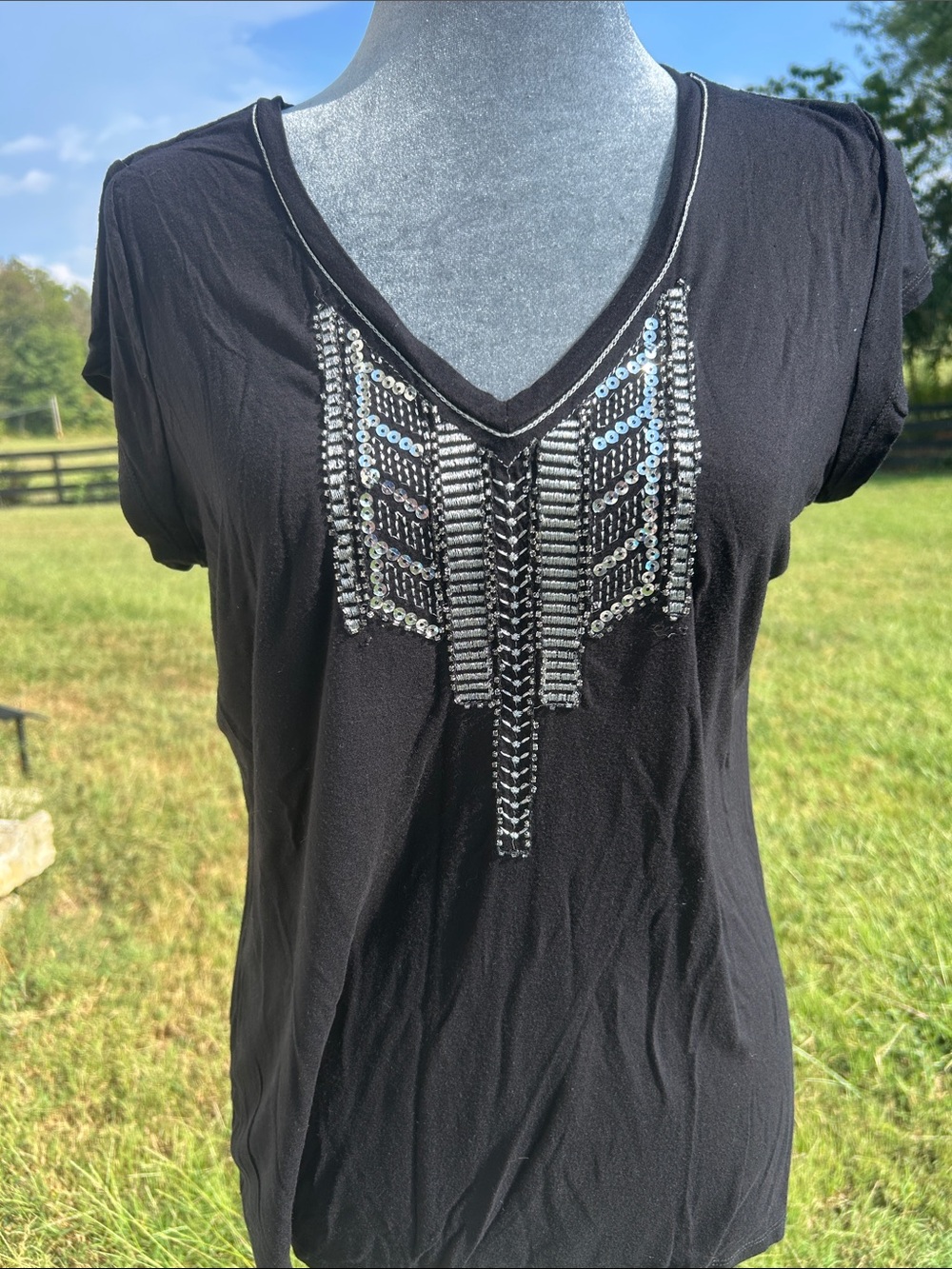 Black V-Neck Sequin Embellished Women's Top